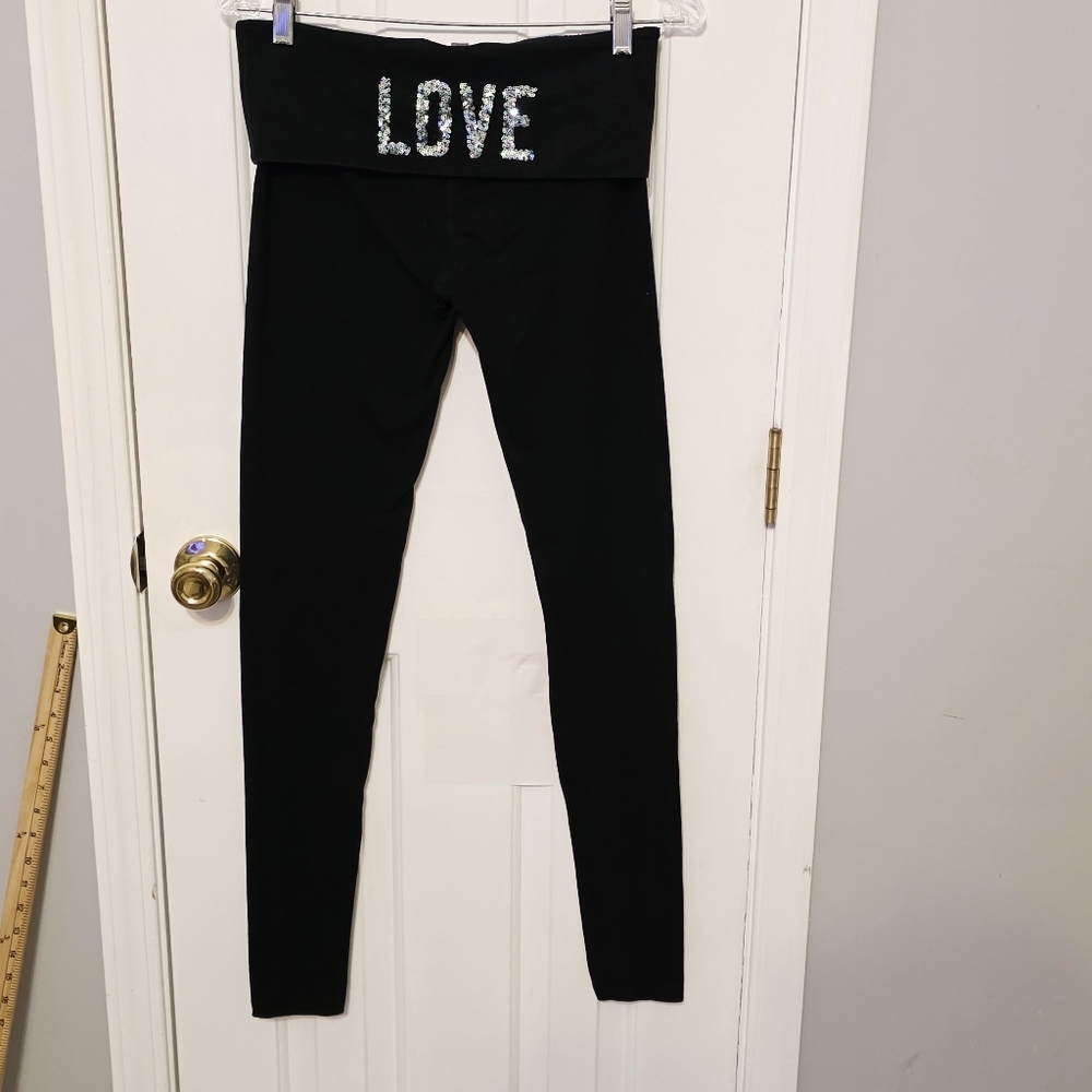 Victoria's Secret PINK Black LOVE Sequin High-Waisted Leggings Size Small